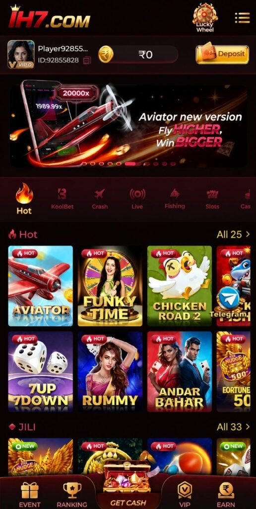 IH7 home page showing Aviator and popular games