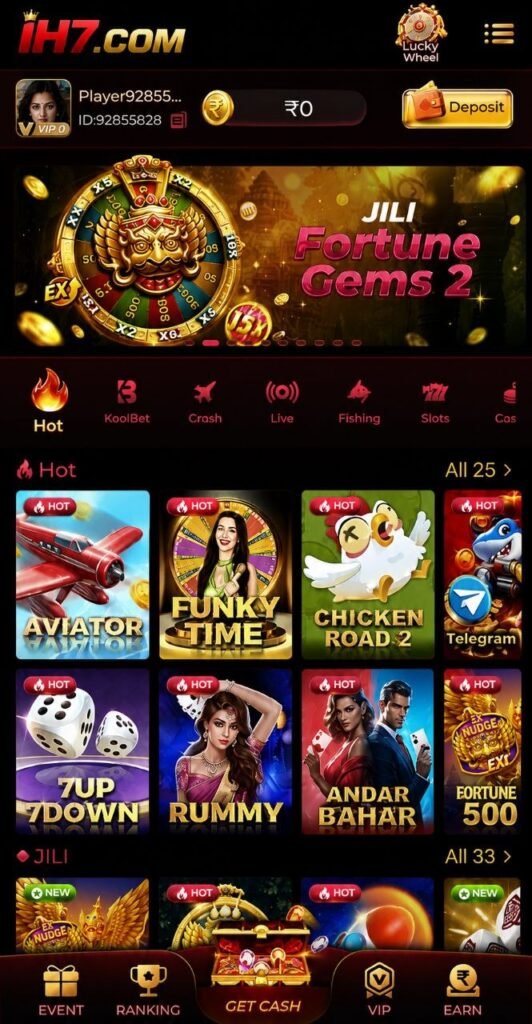 IH7 home page with JILI Fortune Gems 2 game screenshot